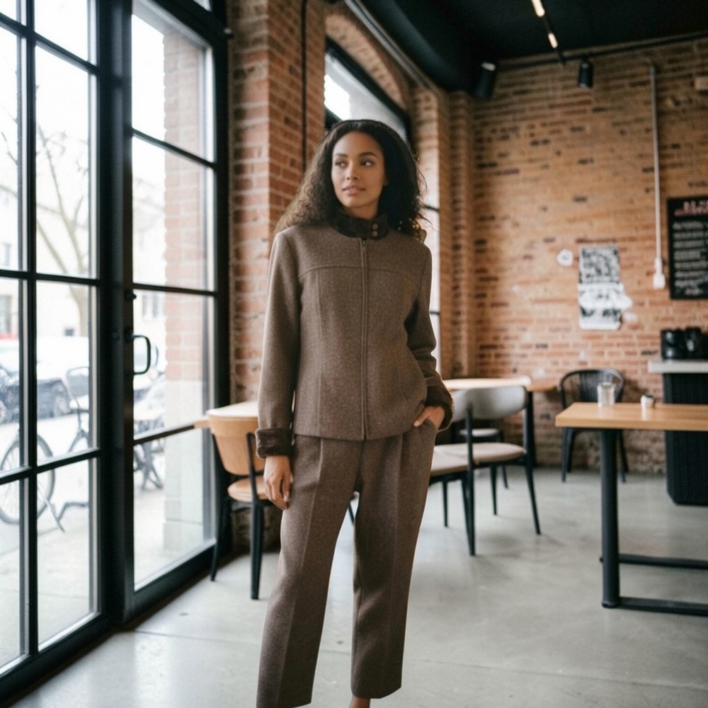 RTG collections vintage wool silk brown tweed womens pantsuit pants & jacket
